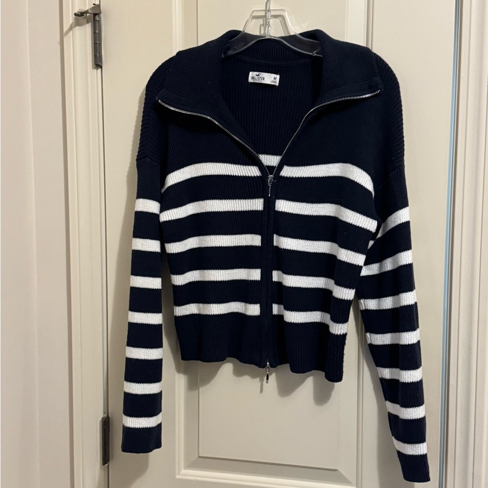 Hollister Navy and White Striped Zip-Up Cardigan
